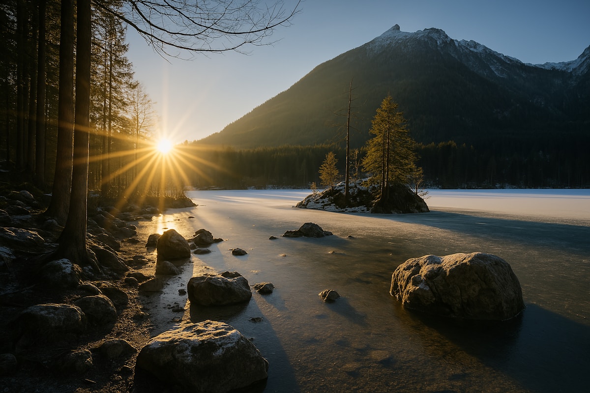 Golden sunrise over a frozen lake